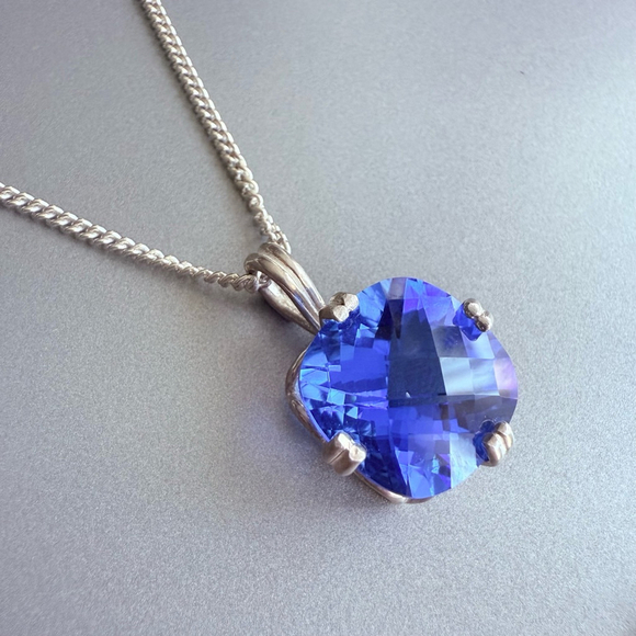 Siberian Faceted Cushion Blue Quartz Sterling Silver Albion Pendant Necklace - Picture 2 of 8